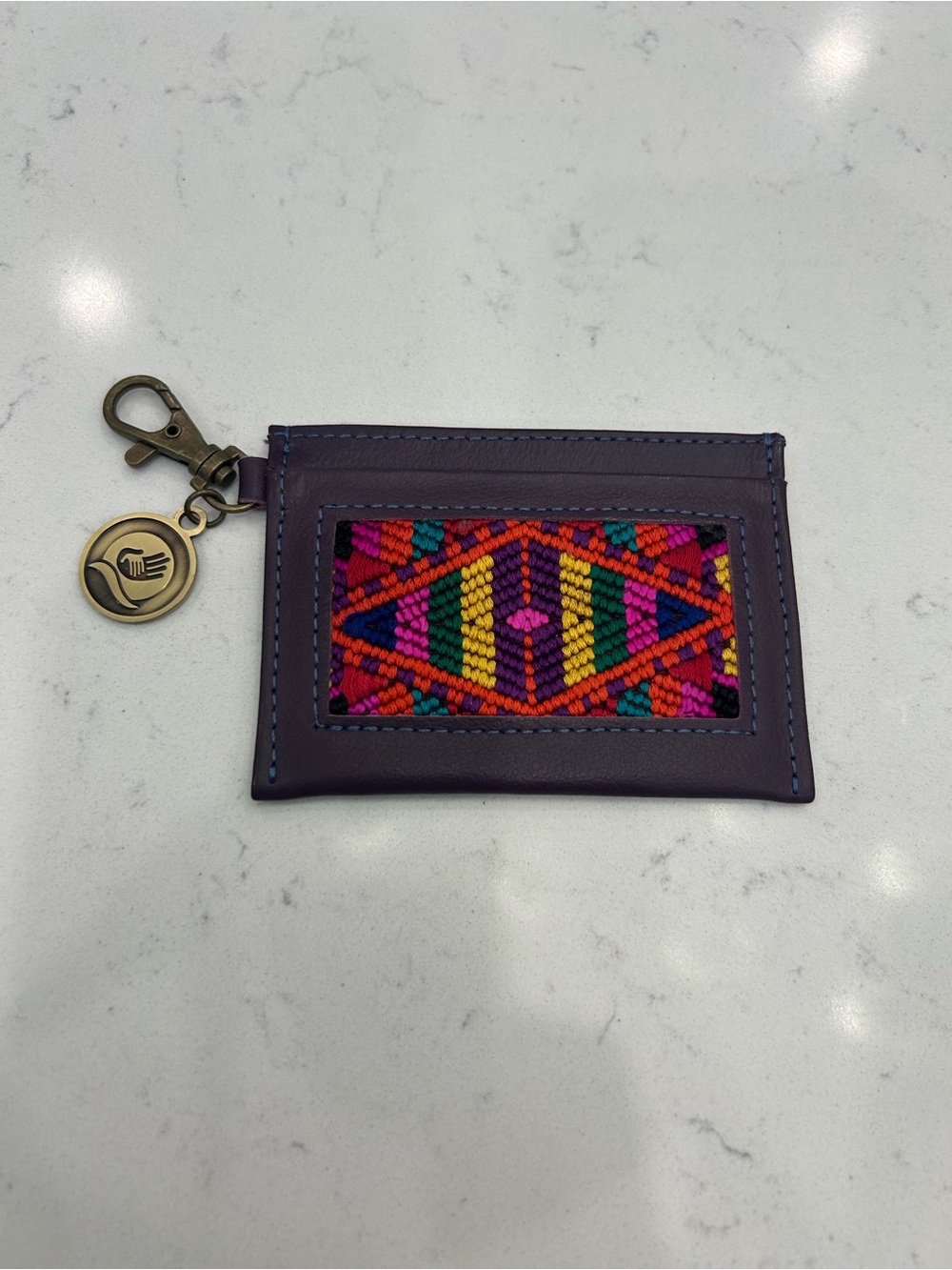 Purple Leather Card & Key Holder with Multicolor Woven Panel
